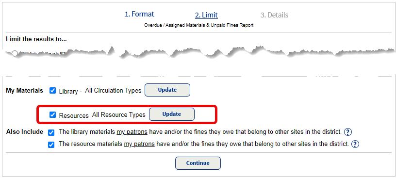 Step 2 of Current Checkouts/Fines report.
