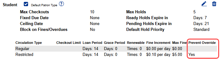 Library Policies page with Prevent Override column highlighted.