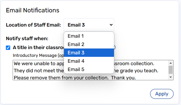 Email Notifications setting with Location of Staff Email drop-down.