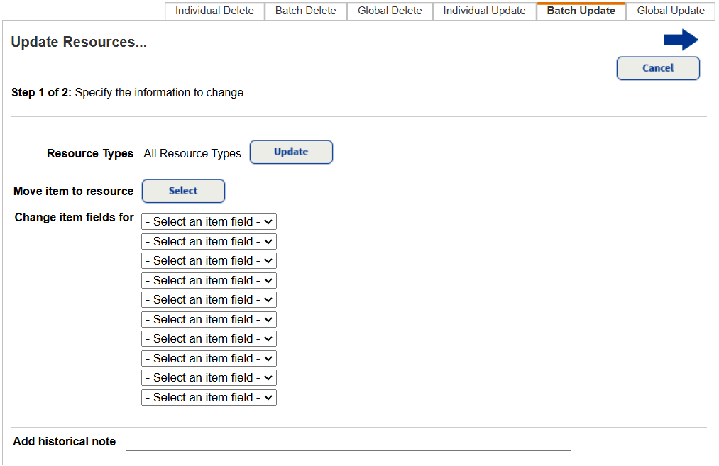 Batch Update sub-tab, Step 1 of 2.