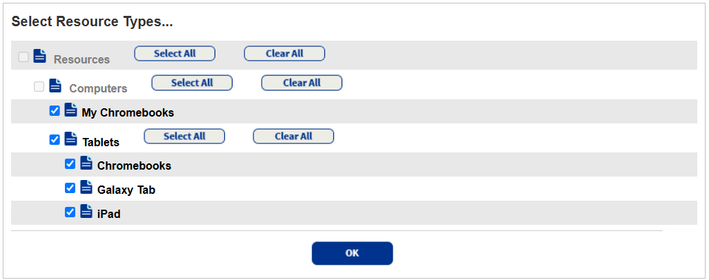 Select Resource Types page with limited resource types appearing.