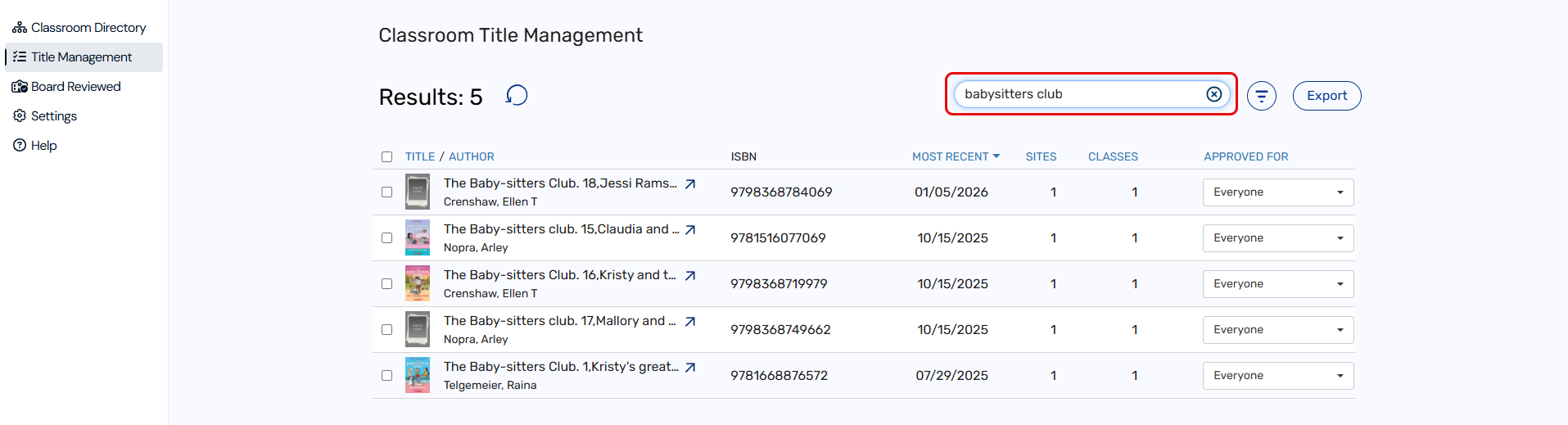 Title Management page with Search bar highlighted.