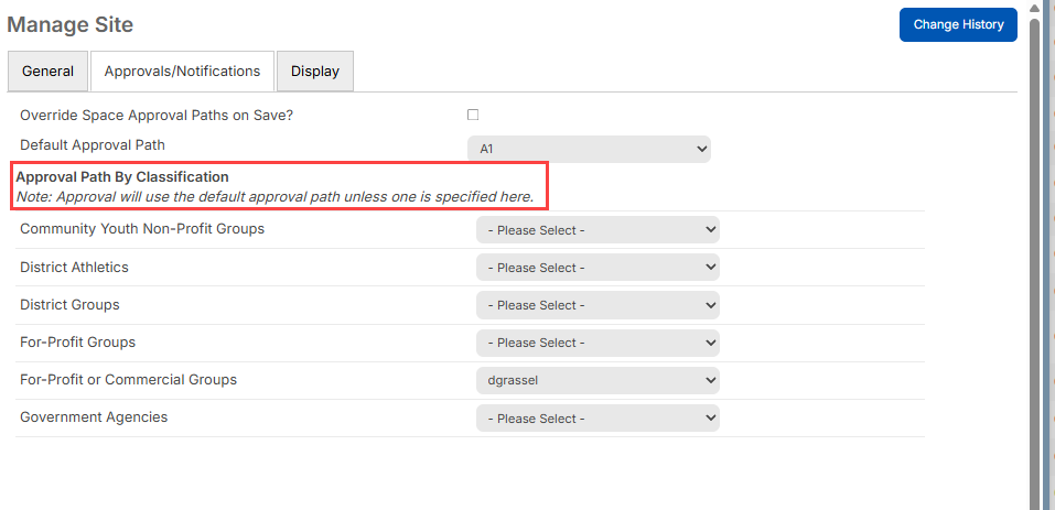 Manage Site, approval/Notifications tab with Approal path by classification highlighted.
