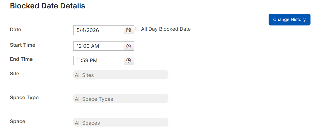 Blocked date details with change history button highlighted.