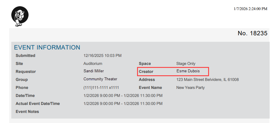 Printed request details with Creator name highlighted.