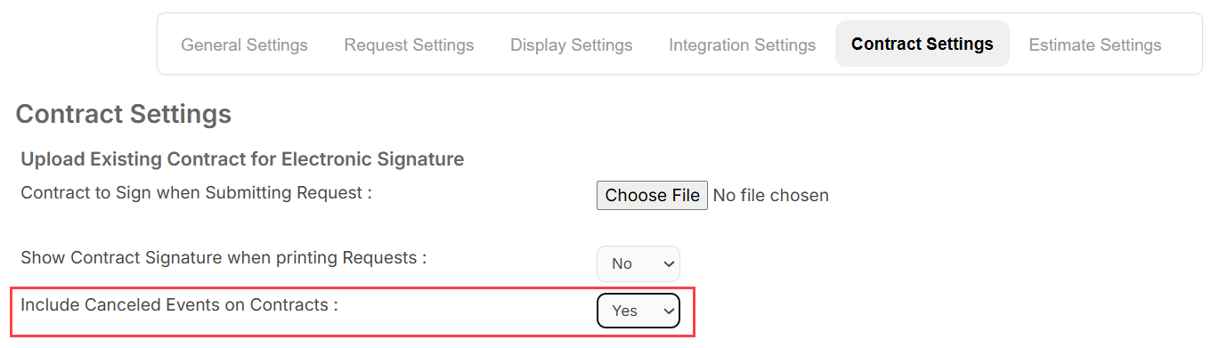 Contract setup page with Include canceled events on contracts highlighted.