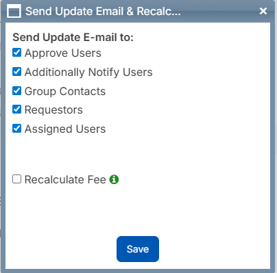 Send update email & recalculate fees pop-up with boxes checked by default.