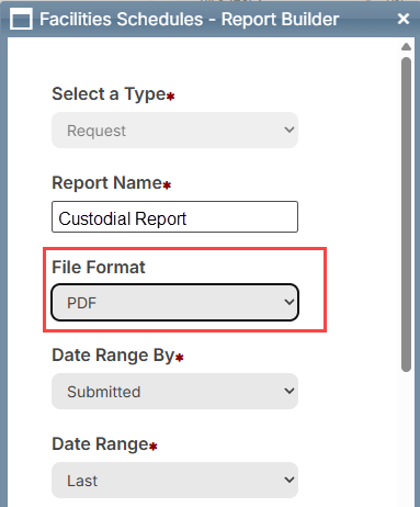 Custom report showing PDF as a file format.