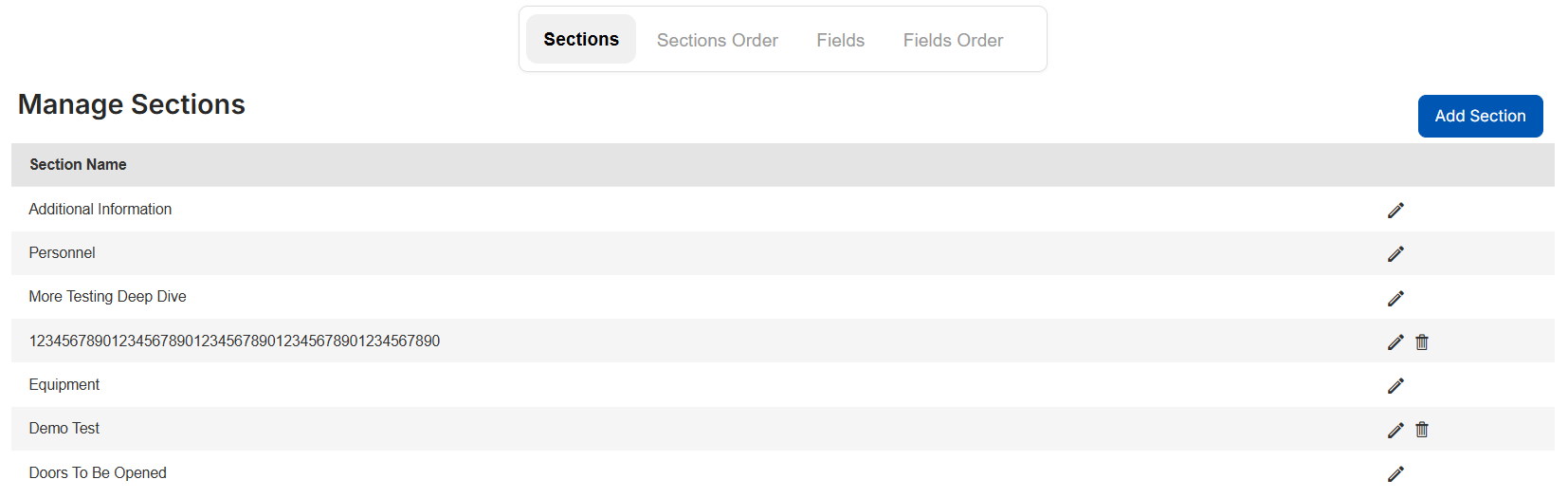 Request form manage sections page.