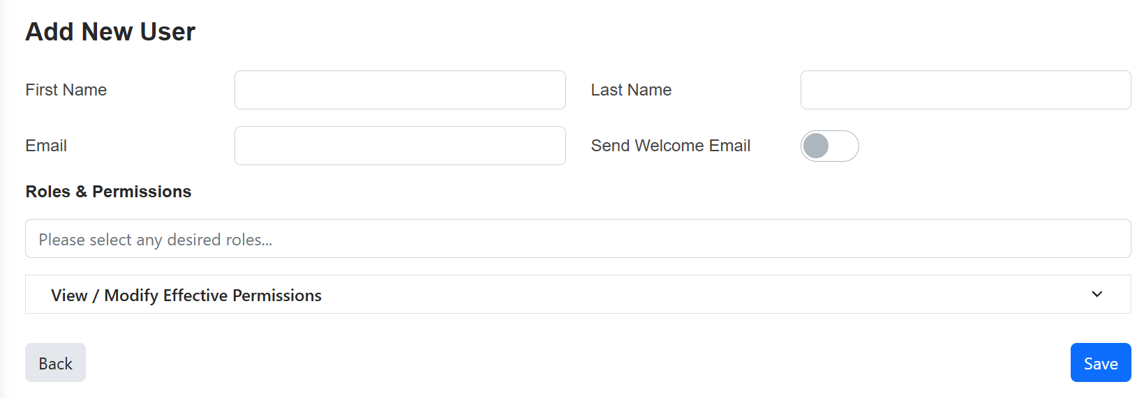 Add new user page with LDAP Authenication fields removed.