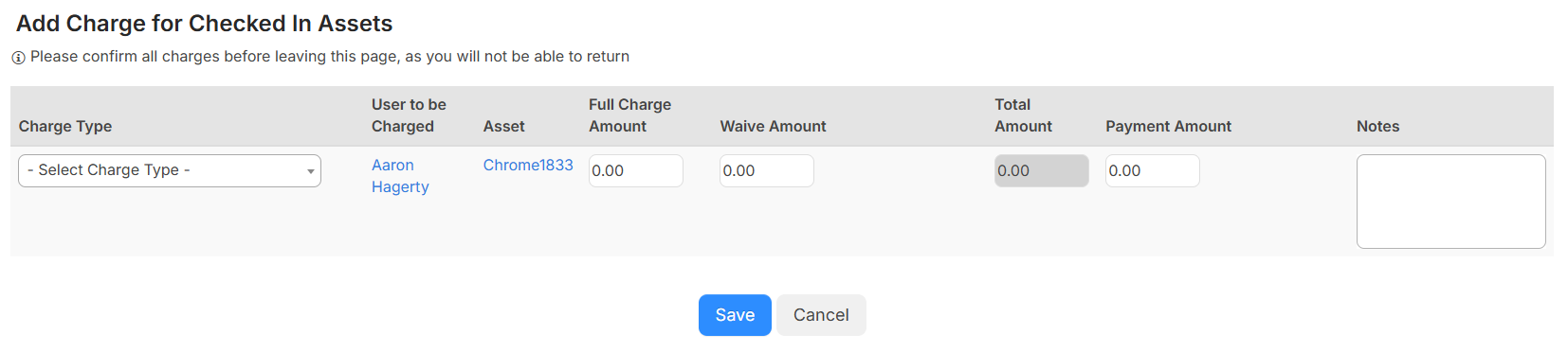 Add Charge from Checked In Assets page.
