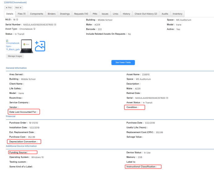 Funding Source and Instructional Classification fields on asset record.