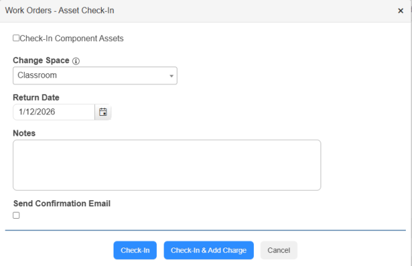 Asset Check-In with add charge button.