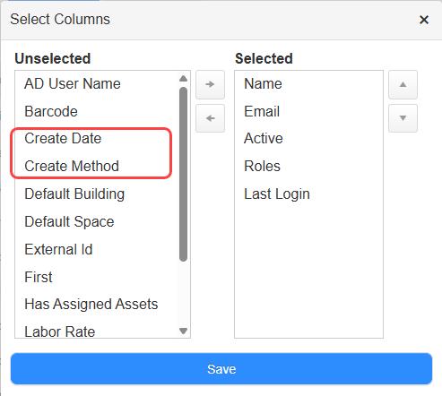 Manage Users page, Select Columns pop-up.