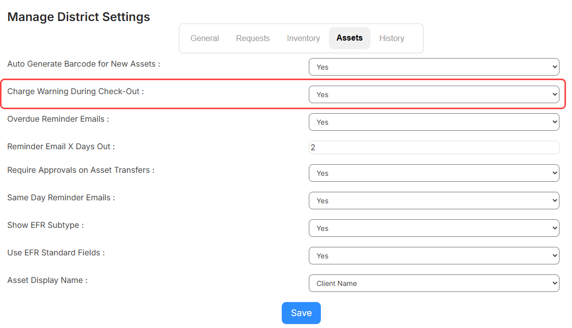 Charge Warning During Check-Out option on the Manage District Settings page, Assets Tab.