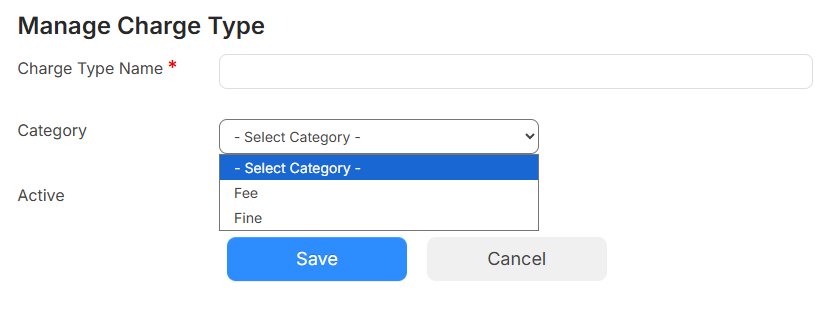 Manage Charge Type page with Category drop-down open.