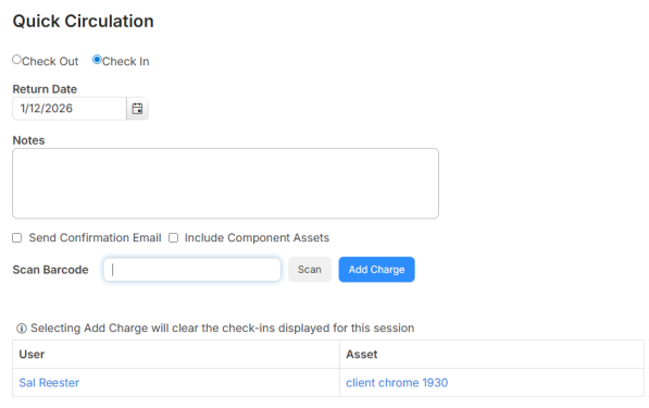 Quick Circulation with Add Charge button.