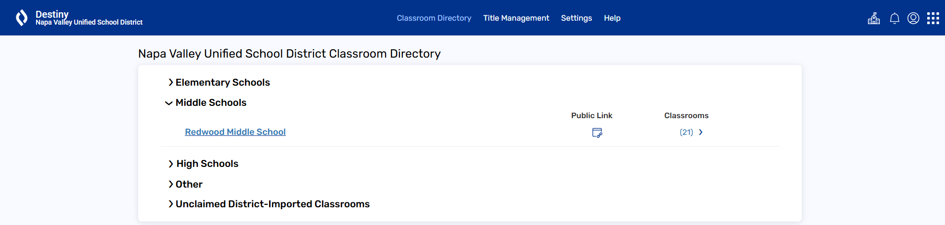 Classroom Directory page with expandable lists.
