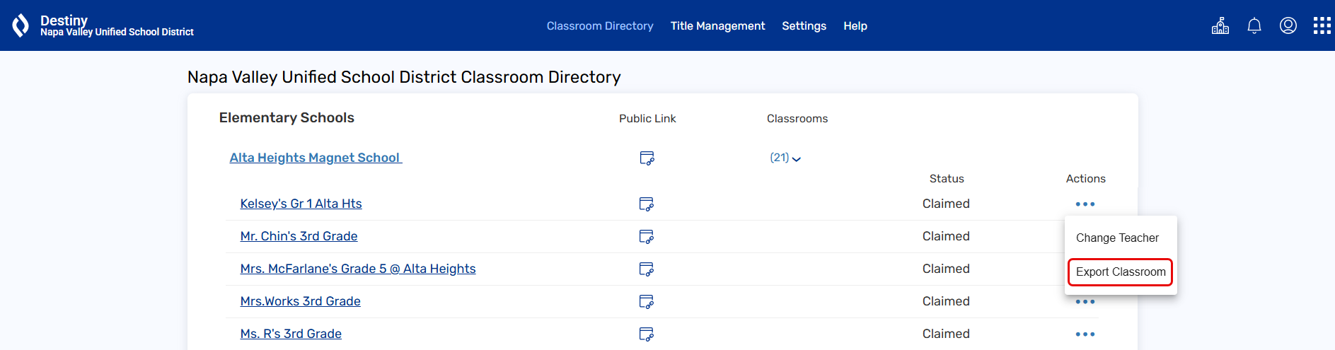 Classroom Directory page with Export Classroom highlighted.