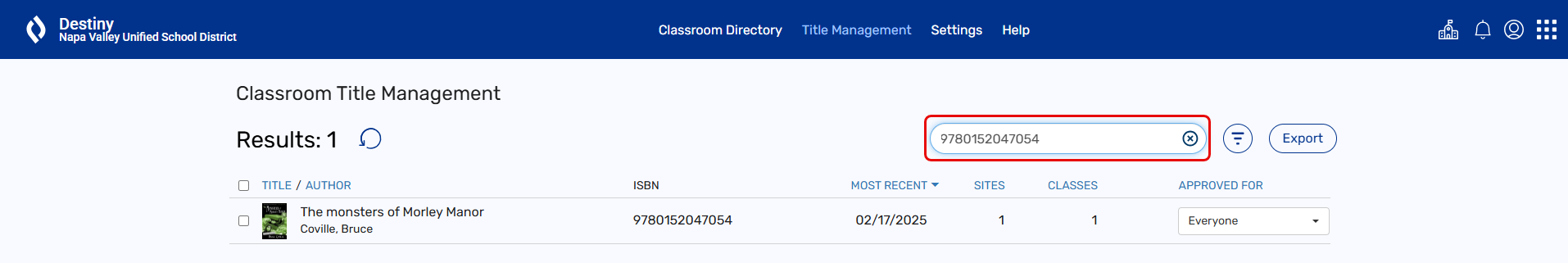 Title Management page with the search by ISBN field highlighted.