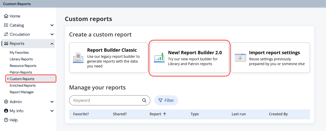 Custom Reports page with Report Builder 2.0 option highlighted.