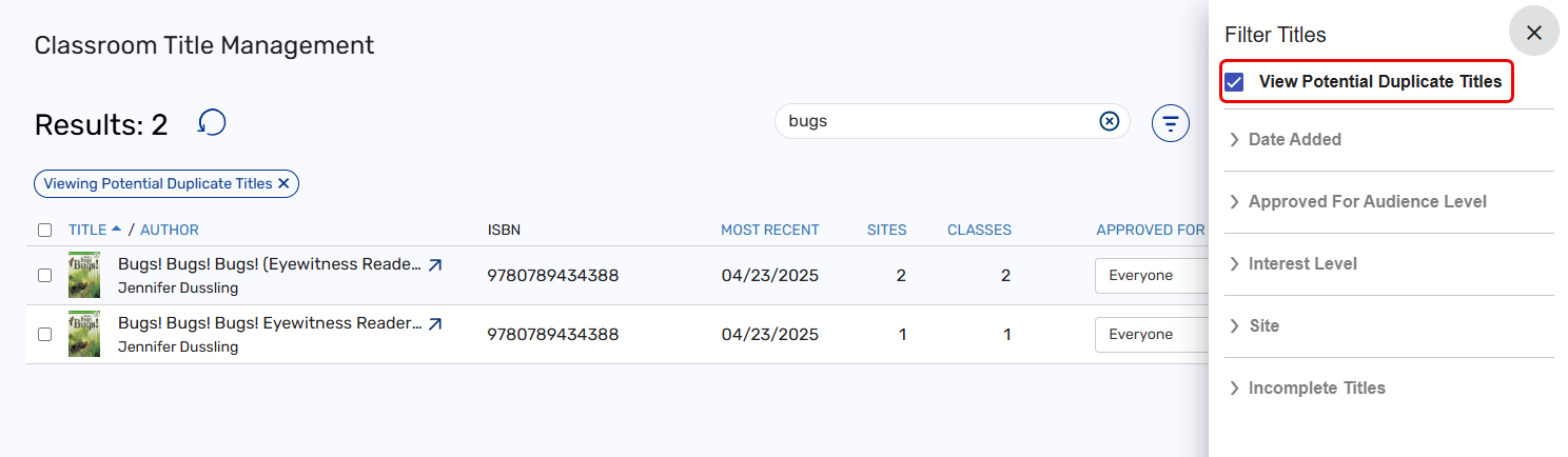 Title Management page with the View Potential Duplicate Titles checkbox highlighted.