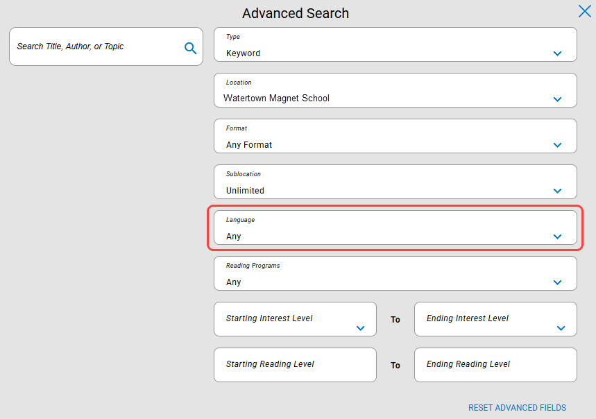 Advanced Search with Language filter highlighted.
