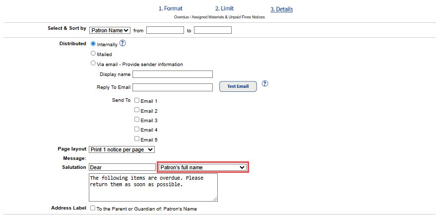 Current Checkouts and Fines report Details page with Patron name drop-down highlighted.