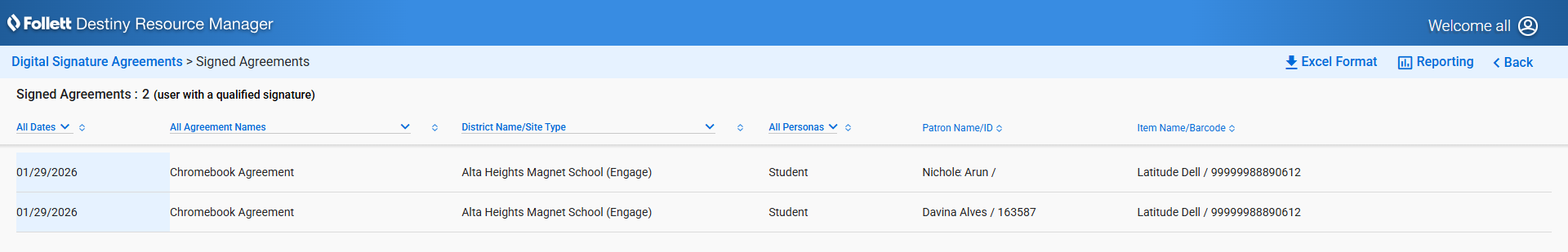 Signed Agreements report in Digital Signatures. 