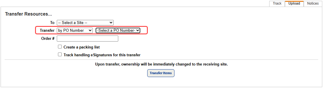 Transfer Resource Upload sub-tab at Warehouse site with Transfer option circled.