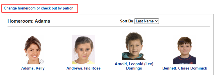 Homeroom checkout page with "Change homeroom or check out by patron".