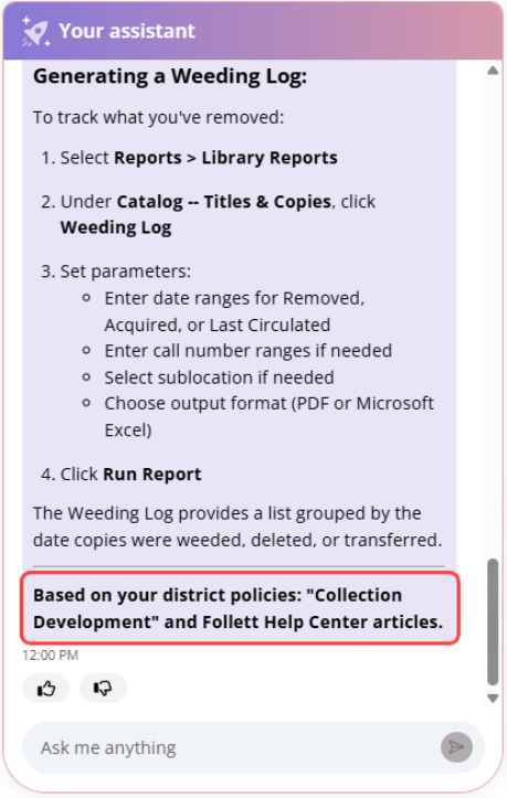 Response that references district policies.