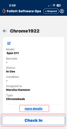 Asset details with more details and Check In button circled.