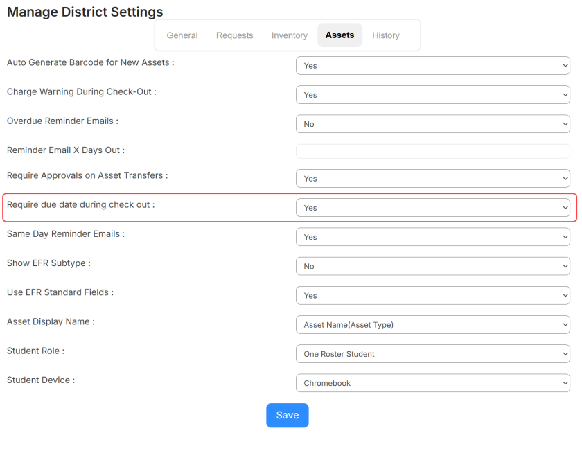 General Settings for Assets with the Require due date during check out setting circled.