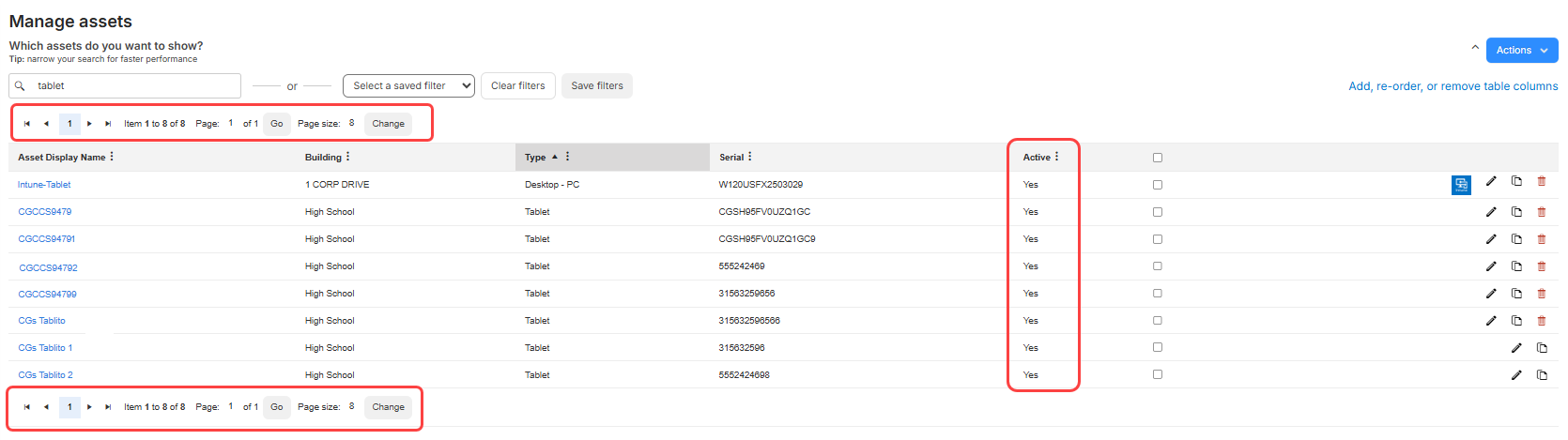 Manage assets page with Active and page numbers circled.