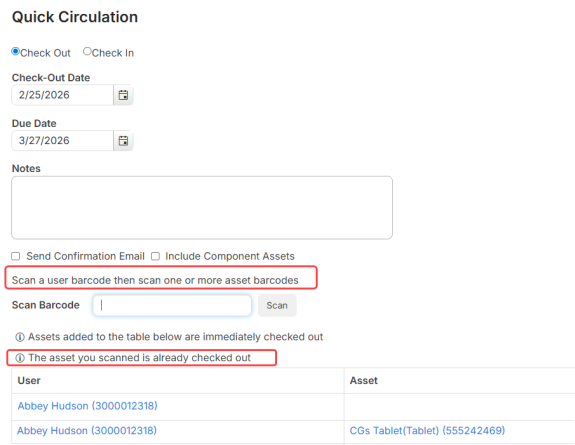 Quick Circulation page with new elements circled.