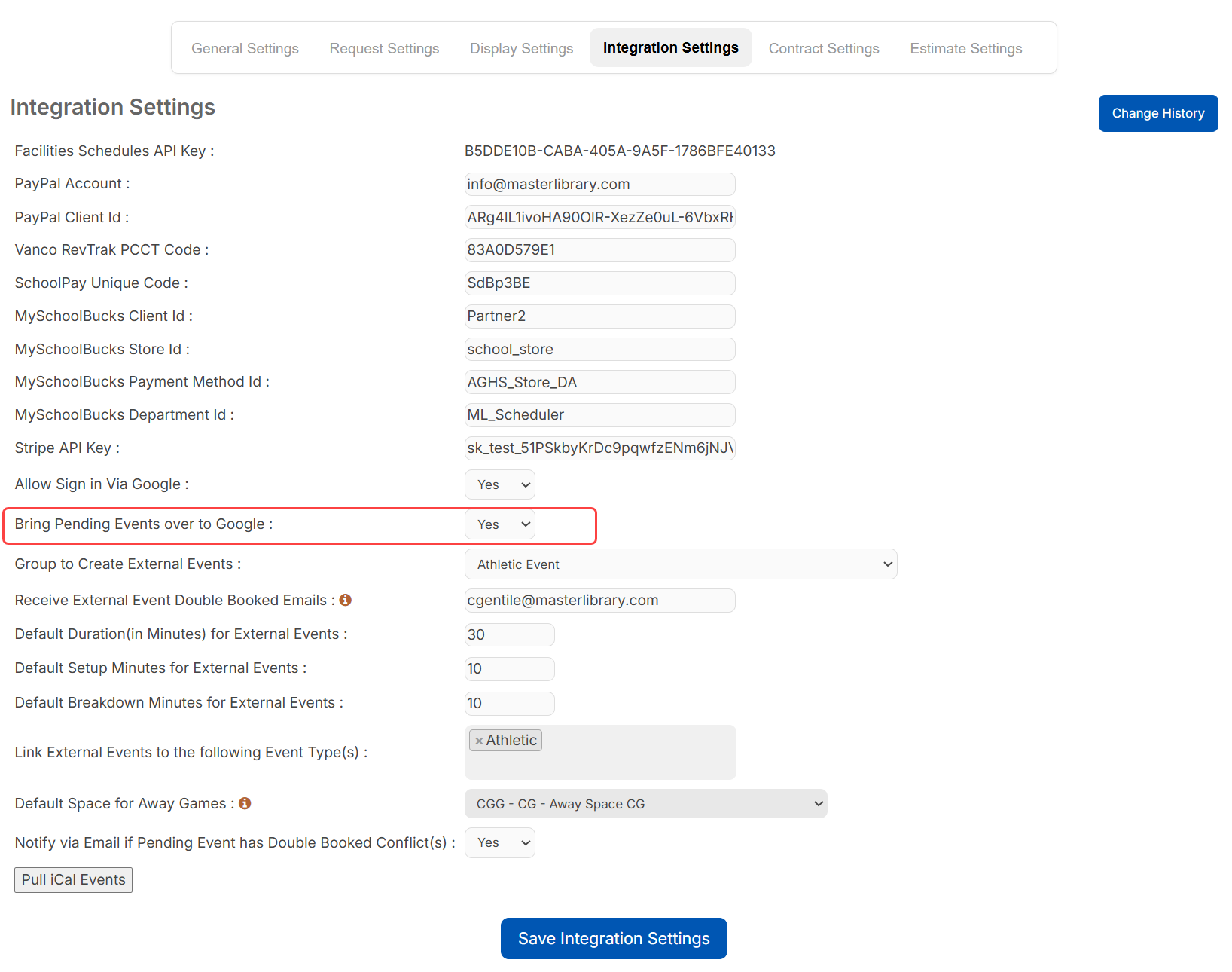 Integration settings with 'Bring pending events over to Google' setting highlighted.