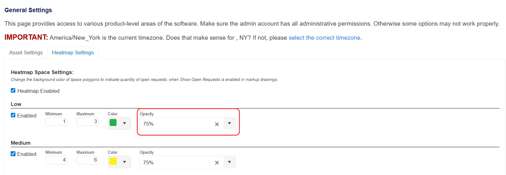 General settings, heatmap settings tab with opacity highlighted.