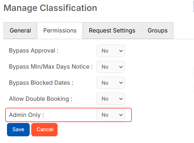 Manage classifications page, permissions tab with Admin only highlighted.