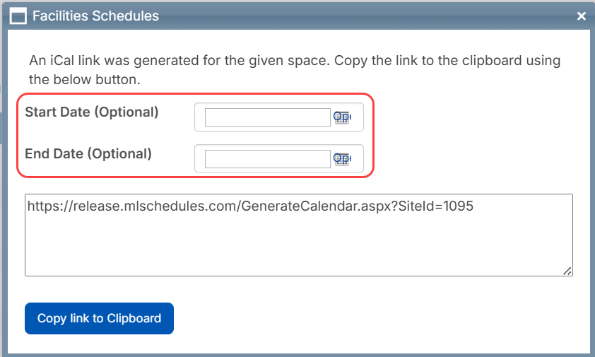 iCal link for a space with start and end dates highlighted.
