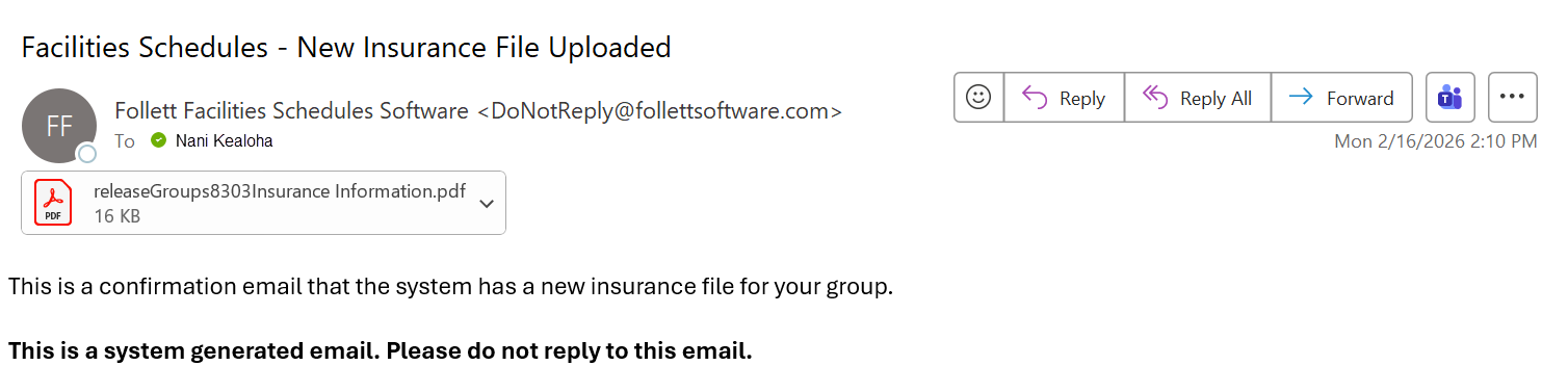 Sample email confirmation for new insurance file upload.