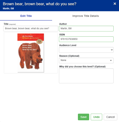 Edit Title page with title, author, ISBN, audience level, and reason options.
