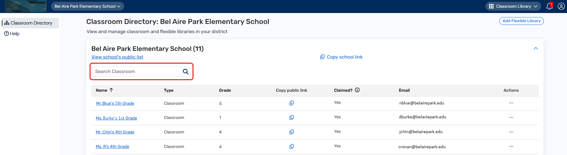 Classroom Directory page with Search Classroom field highlighted.