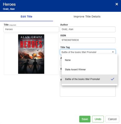 Edit Title pop-up with Title Tag drop-down highlighted. 
