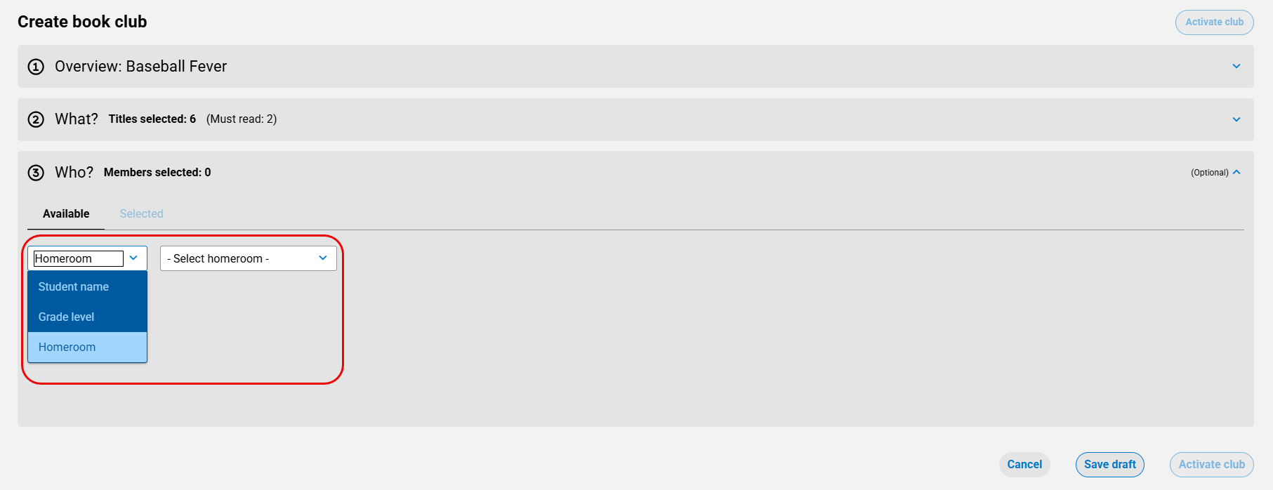 Create book club page with options to add students individually, by gradel level, or homeroom.