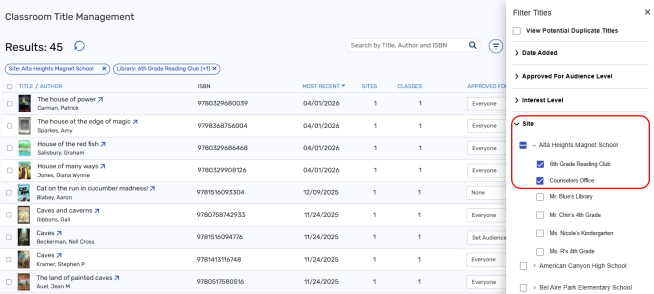 Filter Titles pop-up with Site drop-down and classrooms selected.
