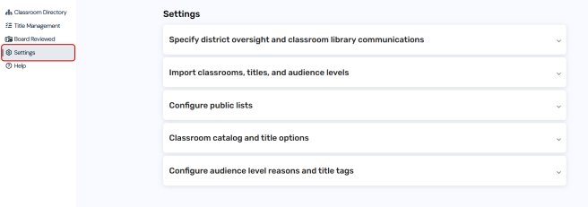 Classroom Library Settings page.