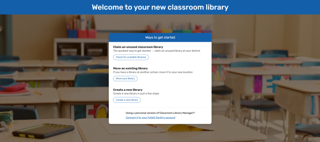 New Classroom Library Welcome page.
