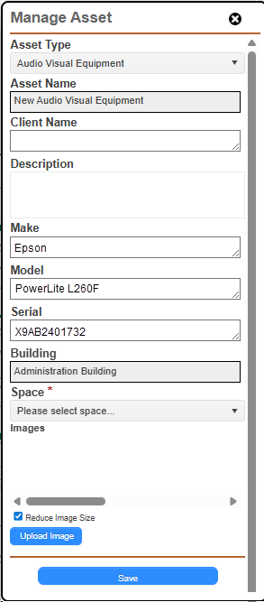 Manage Asset pop-up