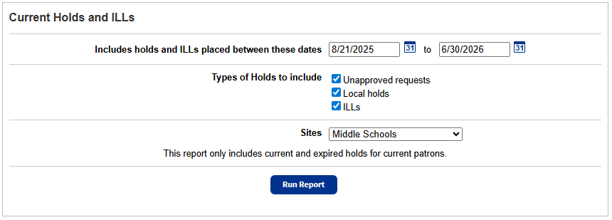 District Current Holds and ILLs report page.